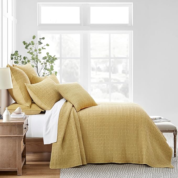 Levtex Home Mills Waffle Queen Bedspread Set (106x106in) with 2 Pillow Shams (26x20in) - Ochre - Cotton Waffle Queen Size Bedspread Set - Lightweight, Soft, Pre-Washed