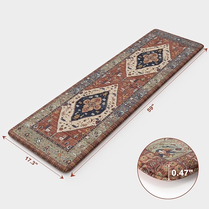 KIMODE Kitchen Runner Rug,17.3" x 59" Anti Fatigue Kitchen Mats for Floor Cushioned,Non-Slip Waterproof Comfort Thick Kitchen Floor Standing Mat for Front Sink,Laundry Room,Vintage Red