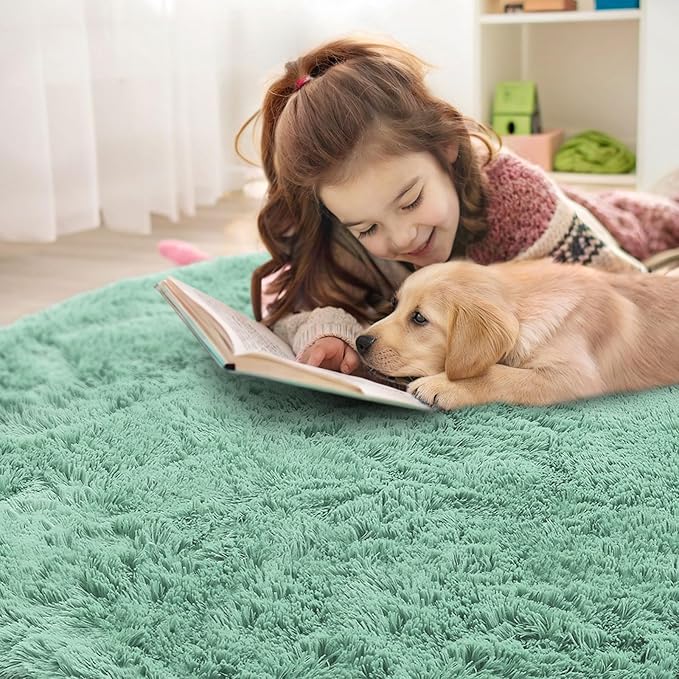 OLANLY Mint Green Round Rugs for Bedroom - Machine Washable, 3 ft Circle Area Rugs for Living Room, Soft and Fluffy Shaggy Carpet for Teen Girls and Boys, Nursery Rooms, Dorms, Home Decor Aesthetic
