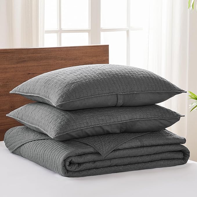 Levtex Home Cross Stitch Reversible Twin Bedspread Set (84x104in) with 1 Pillow Sham (26x20in) - Stitch Texture - Charcoal - Cotton Twin Size Bedspread Set - Lightweight, Soft, Pre-Washed