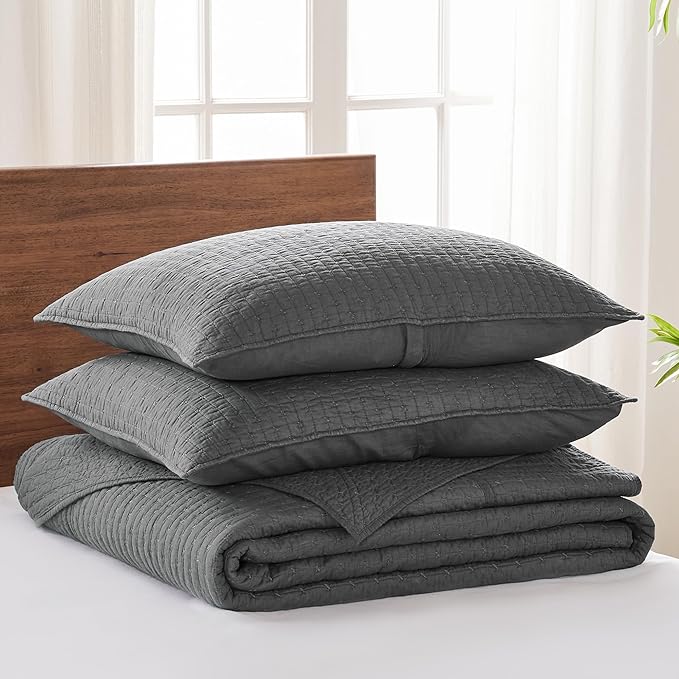 Levtex Home Cross Stitch Reversible King Bedspread Set (120x104in) with 2 Pillow Shams (36x20in) - Stitch Texture - Charcoal - Cotton King Size Bedspread Set - Soft, Pre-Washed