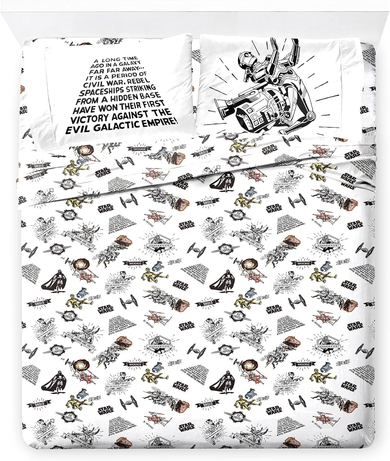 Jay Franco Kids Sheet Set with Fitted, Flat Sheets & Pillow Cover - Ultra-Soft Bedding with Pillowcase for Room Decor, White - Star Wars, 4 Piece Queen