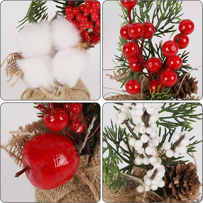 winemana 6 Pcs Mini Christmas Tree Table Decorations, 8" Small Artificial Trees with Red Berries Pine Cone Greenery Tabletop Centerpiece for Home Office Room Holiday Decorations