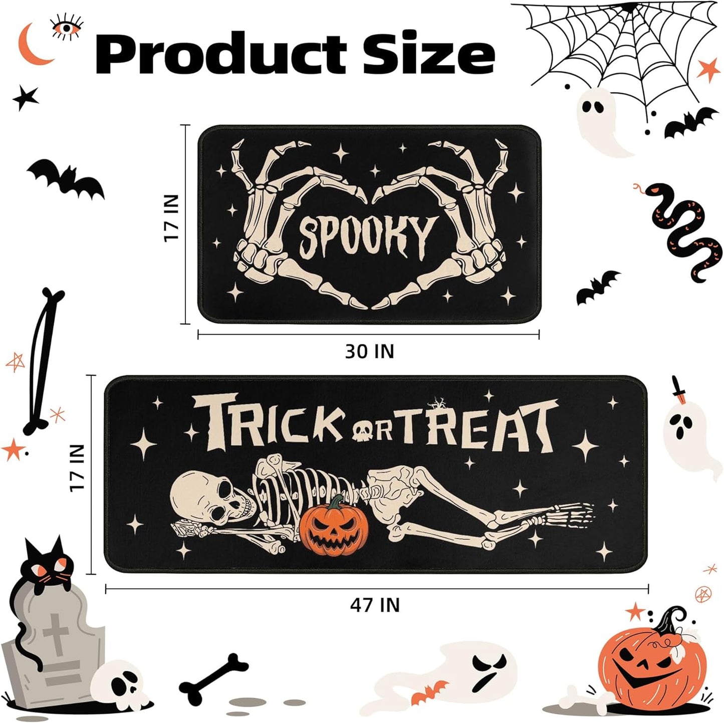 2 Piece Halloween Kitchen Decor Rugs Set,Skeleton Kitchen Rugs and Mats Non Skid Washable Absorbent Kitchen Accessories Decoration Floor Mats 17"x47"+17"x30"