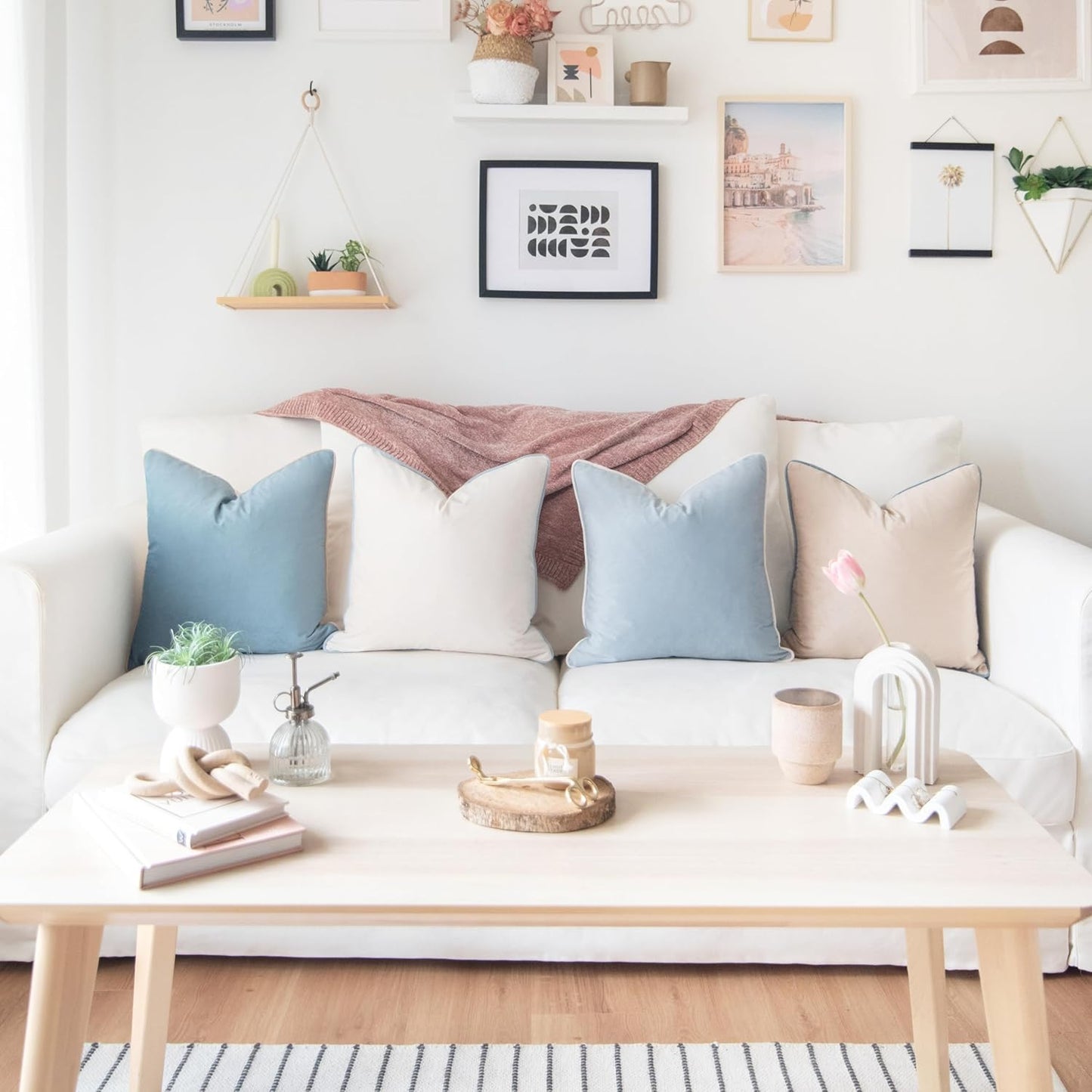 MONDAY MOOSE Decorative Throw Pillow Covers Cushion Cases, Set of 4 Soft Velvet Modern Double-Sided Designs, Mix and Match for Home Decor, Pillow Inserts Not Included (18x18 inch, Beige/Light Blue)