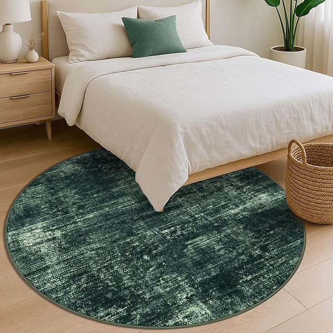 IOHOUZE Abstract Round Area Rug 6 Ft Washable Circle Rugs Large Round Rug Non Slip Thin Soft Circle Rugs, Printed Faux Wool Floor Carpet for Bedroom Living Room Dining Room Nursery, Dark Green