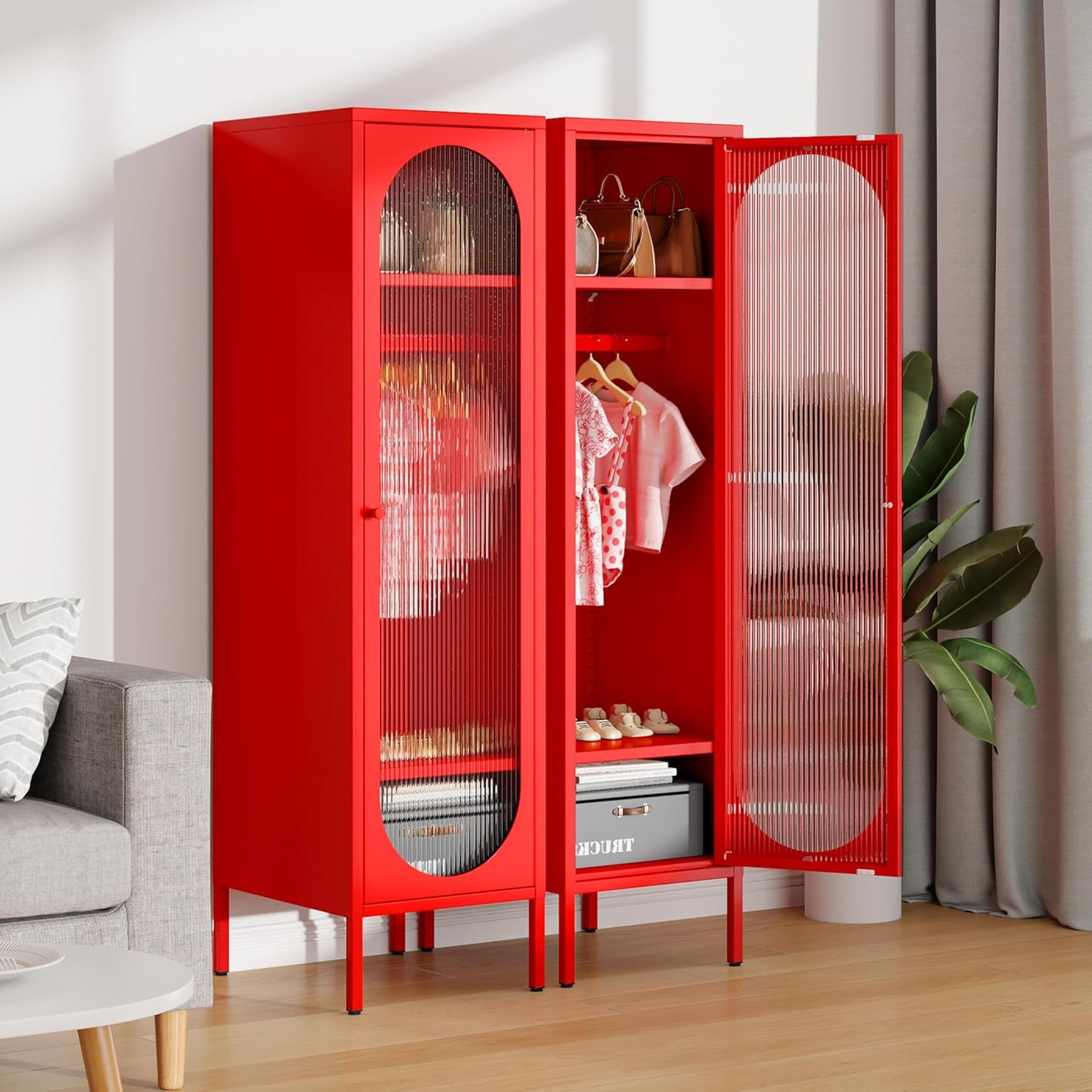 1 Door Metal Locker Cabinet for Kids Bedroom, School Classroom, Office, Home-Acrylic Translucent Door, Steel Corner Cabinet Sideboard Tall Storage Cabinet for Garage Utility Room (Red)