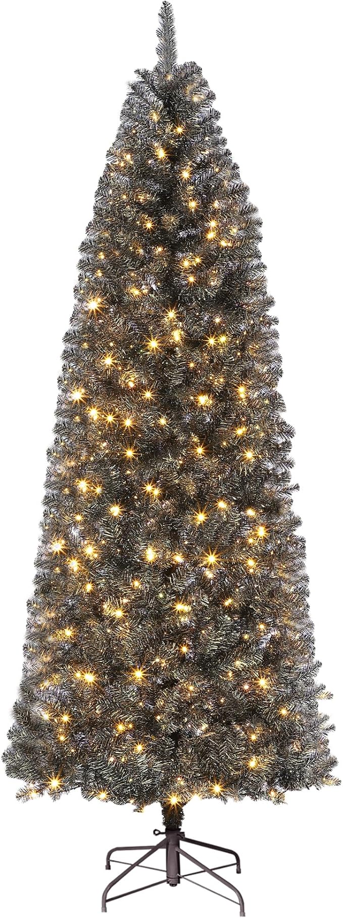 GarveeHome 6Ft Prelit Black Christmas Tree with Lights Halloween Tree Slim Artificial Halloween Christmas Tree Artificial Pencil Tree Automatic Branches for Home, Office, Party Decoration
