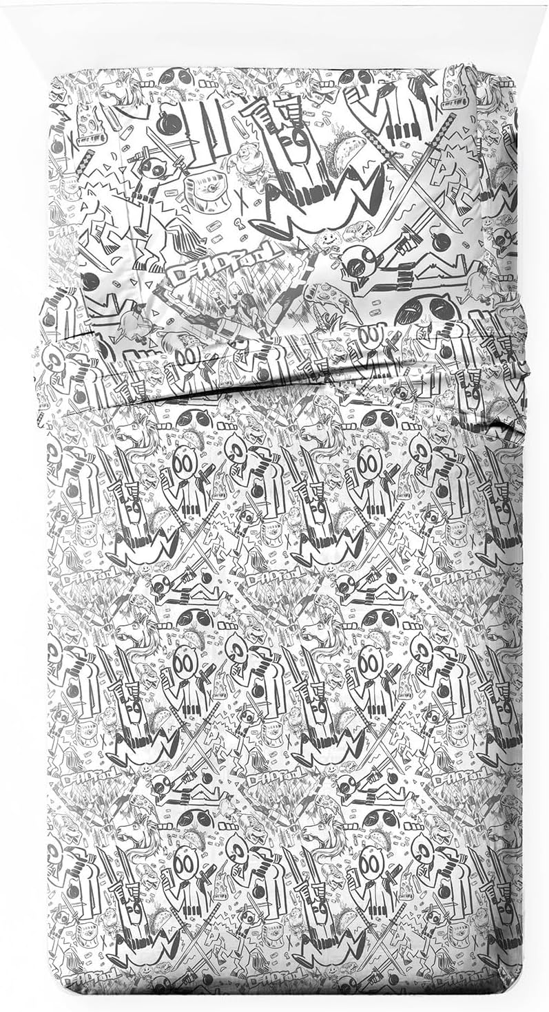 Jay Franco Sheet Set with Fitted, Flat Sheets & Pillow Cover - Ultra-Soft Bedding with Pillowcase for Room Decor, White - Deadpool, 3 Piece Twin