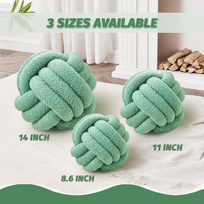 Uvvyui Knot Pillow Ball, Soft Home Decorative Pillows, Round Throw Pillow, Handmade Knotted Plush Pillow, Round Boucle Pillow Cushion (14 Inches Sage Green)