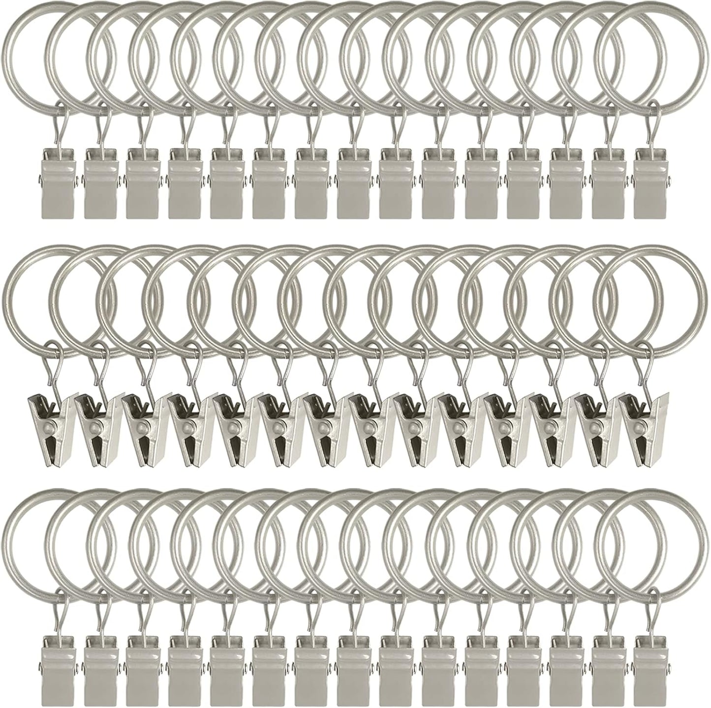 44 Pack Metal Curtain Rings with Clips, Drapery Clips with Rings, Drapes Rings 1 inch Inner Diameter, Fits Diameter 5/8 inch Curtain Rods, Matte Silver