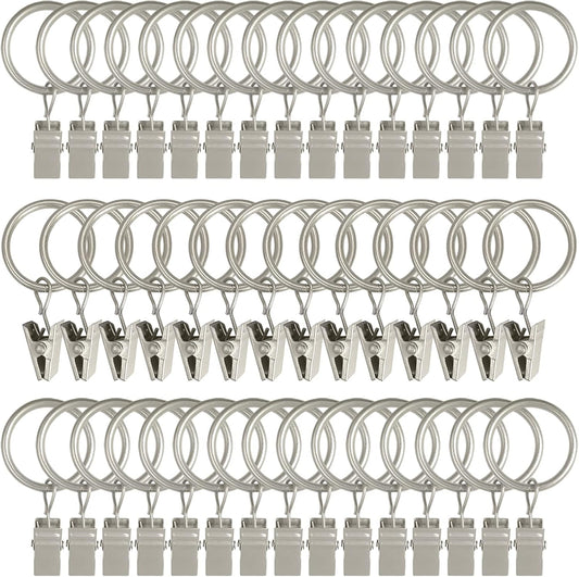 44 Pack Metal Curtain Rings with Clips, Drapery Clips with Rings, Drapes Rings 1 inch Inner Diameter, Fits Diameter 5/8 inch Curtain Rods, Matte Silver