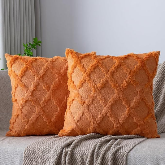 Set of 2 Soft Moroccan Throw Pillow Covers 22x22 Inch Plush Boho Decorative Pillow Cover Accent Cushion Case for Couch Sofa Bed, Orange