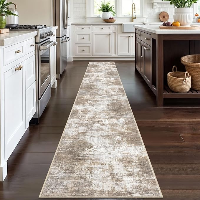 IOHOUZE Abstract Runner Rug 2x12 Ft Washable Runners for Hallways, Non Slip Kitchen Runner Printed Faux Wool Entryway Runner Indoor, Modern Abstract Floor Carpet for Hall Kitchen, Beige Brown