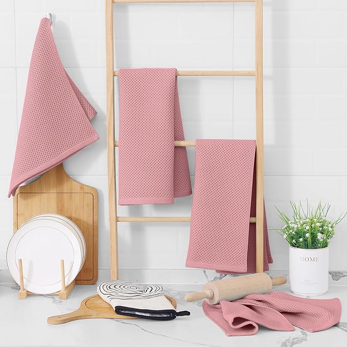 Homaxy 100% Cotton Waffle Weave Kitchen Dish Towels, Ultra Soft Absorbent Quick Drying Cleaning Towel, 13 x 28 Inches, 12-Pack, Dried Rose