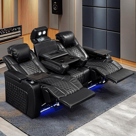 Home Theater Seating, Living Room, Powered Headrest, Powered Lumbar, Italian Leather, Powered Recline, Single Recliner (Black, Row of 3 Console)
