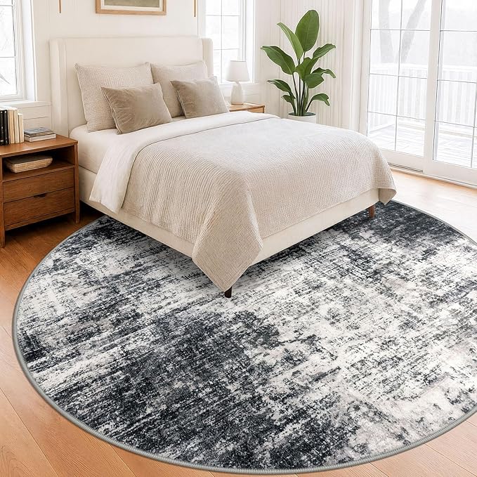IOHOUZE Abstract Round Area Rug 8 Ft Washable Circle Rugs Large Round Rug Non Slip Thin Soft Circle Rugs, Printed Faux Wool Floor Carpet for Bedroom Living Room Dining Room Nursery, Black Grey