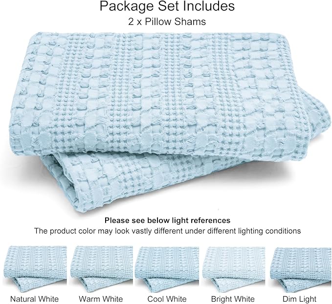PHF 100% Cotton Waffle Pillow Shams Queen Size, 2 Pack 20" x 30" Soft Skin-Friendly Pillowcases, No Filling, Aesthetic Woven and Breathable Waffle Weave Pillow Case Covers for Bed, Baby Blue