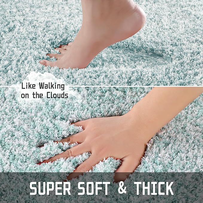 Yimobra Luxury Bathroom Rugs, Fluffy Bath Mats, Non Slip, Water Absorbent Microfiber, Machine Washable, Plush Runner Shower Rugs, Thick Matts for Bathroom Floor/Tub, 47"x 24", Sky Light Blue and White