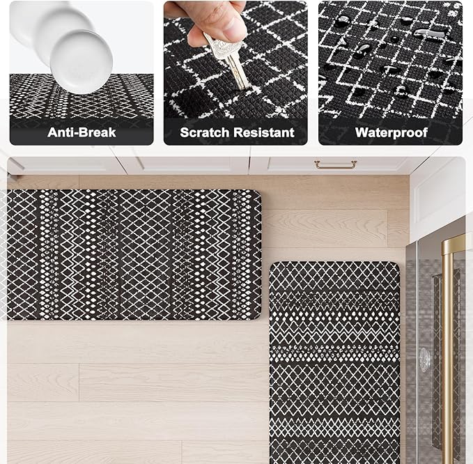KIMODE Anti Fatigue Mats for Kitchen Floor 17"x47"+17"x29", Black Boho Kitchen Rugs Sets of 2, Cushioned Kitchen Floor Mats, Non Slip Standing Mats for Sink Laundry Office Desk