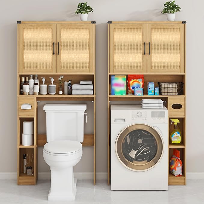 Over The Toilet Storage Cabinet, Farmhouse Rattan Storage Cabinet Over Toilet with 2 Rattan Barn Doors & Home Space-Saving Toilet Rack, for Bathroom, Restroom, Laundry