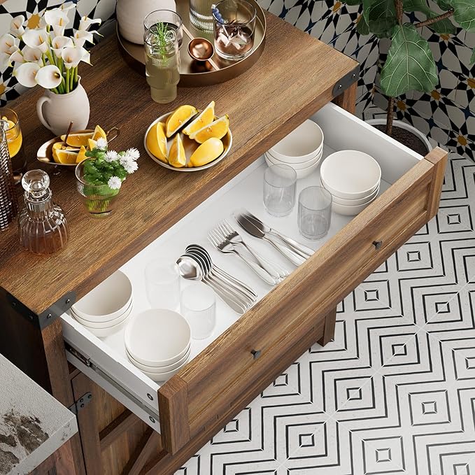 JUMMICO Coffee Bar Cabinet Farmhouse Kitchen Sideboard Buffet Cabinet with Drawer and Adjustable Shelf Barn Door Storage for Kitchen, Dining Room, Bathroom, Entryway (Brown)