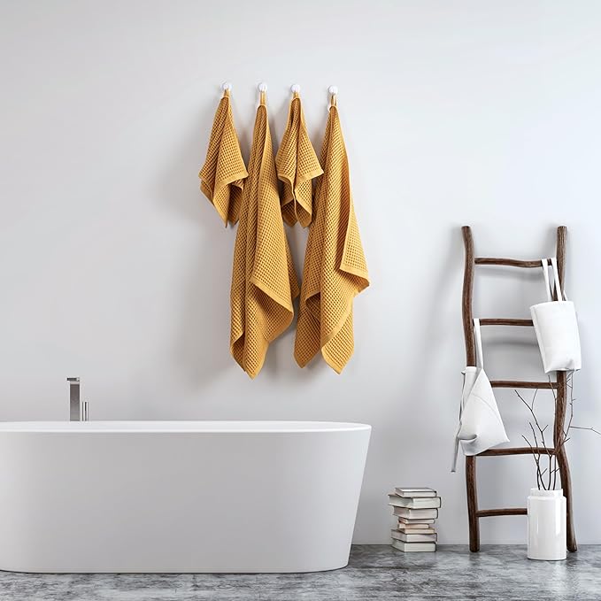 Püskül - Luxury Waffle Towel Set for Bathroom 4 Pieces Mustard, Premium Quality Organic 100% Turkish Cotton 2 Hand and 2 Bath Towels, Quick Dry Thin Waffle Towels, Made in Turkiye (Mustrad Yellow)