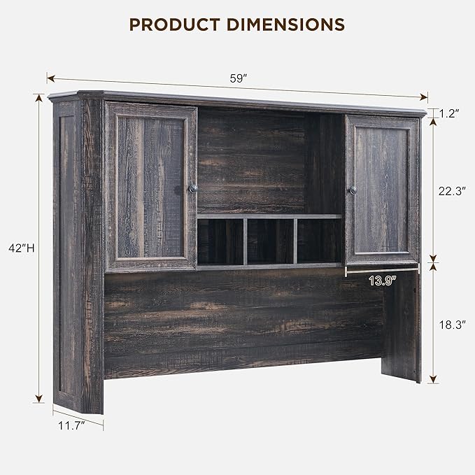 T4TREAM 59" Farmhouse Wood Desk Hutch with Ample Storage, Only Match VSC Series Farmhouse Desk (Dark Rustic Oak)