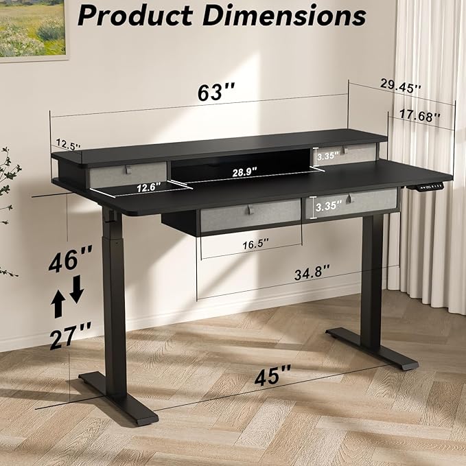 Adjustable Height Standing Desk with 4 Drawers & Wheels,63 x 30 inches Electric Sit Stand Home Office Desk with Two Tiers, 3 Memory Presets, Monitor Stand Riser, USB A/C Charging Port