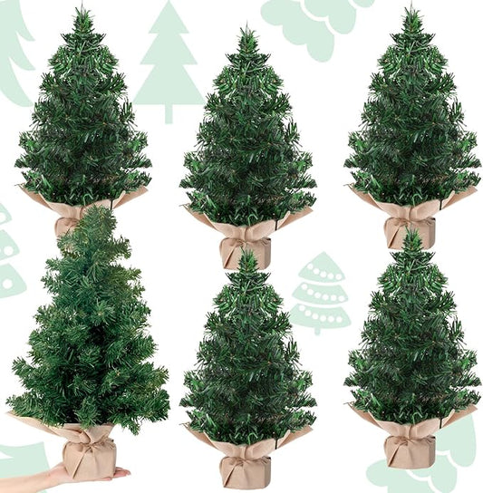 Yinder Tabletop 6 Pcs Mini Christmas Tree 23.62 Inch Artificial Mini Xmas Miniature Pine Christmas Tree with Linen Base for Xmas Holiday Decorations Indoor Home Kitchen Dining Table