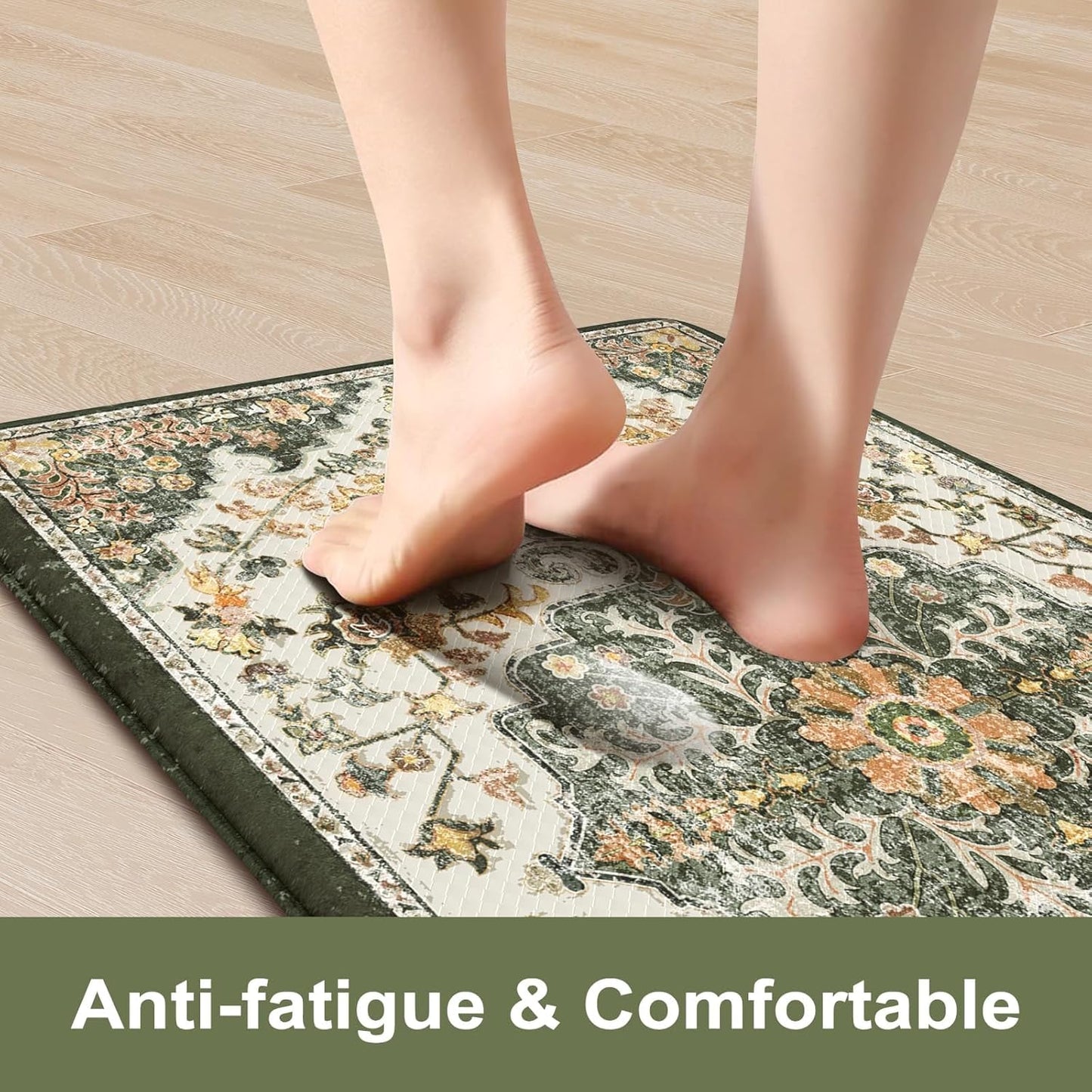 KIMODE Kitchen Mats Cushioned Anti Fatigue, 17"x47"+17"x29" Boho Vintage Kitchen Rugs Sets of 2, Non-Slip Spring Kitchen Mats for Floor, Padded Kitchen Floor Mat for Sink Laundry Desk Green Yellow