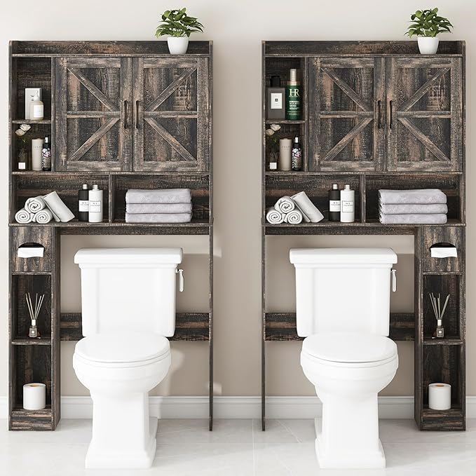 Over The Toilet Storage Cabinet, Farmhouse Storage Cabinet Over Toilet with 2 Barn Doors & Toilet Paper Holder Stand，Home Space-Saving Toilet Rack, for Bathroom, Restroom, Laundry