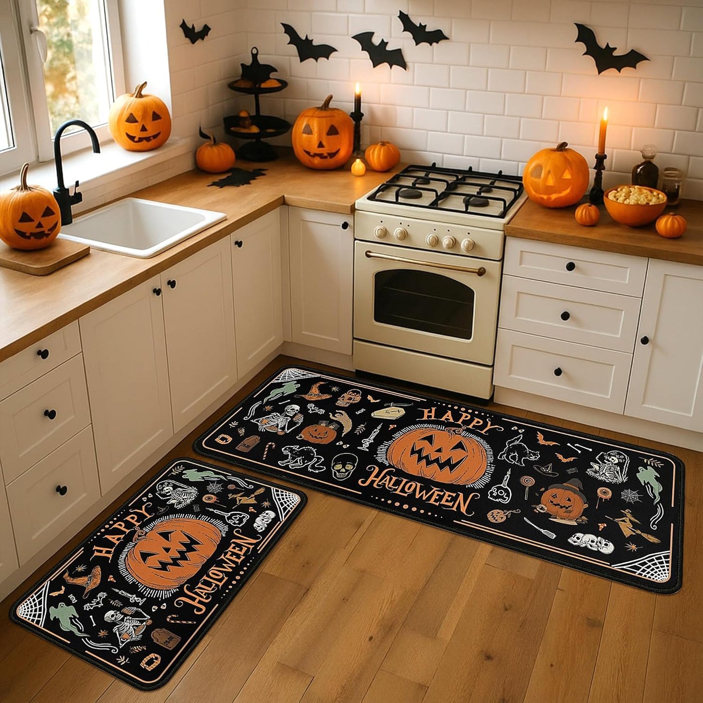 2 Piece Halloween Kitchen Decor Rugs Set,Cute Pumpkin Kitchen Rugs and Mats Non Skid Washable Absorbent Kitchen Accessories Decoration Floor Mats 17"x47"+17"x30"