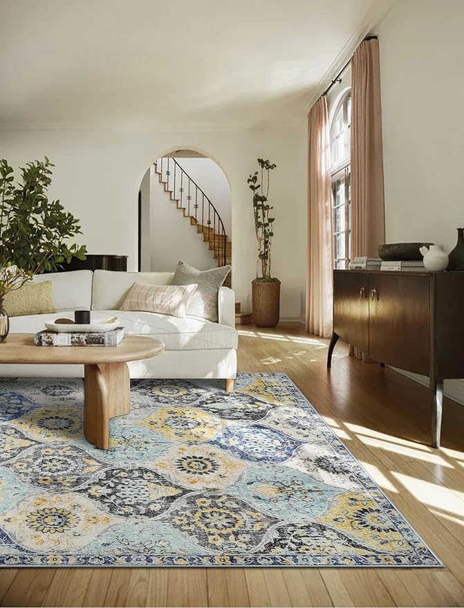 Lahome Moroccan Trellis Washable Area Rugs 5x7, 5x7 Area Rugs for Living Room Bedroom, Indoor Non-Slip Large Oriental Accent Throw Carpet for Kitchen Entryway Bathroom Office, Yellow/Aqua