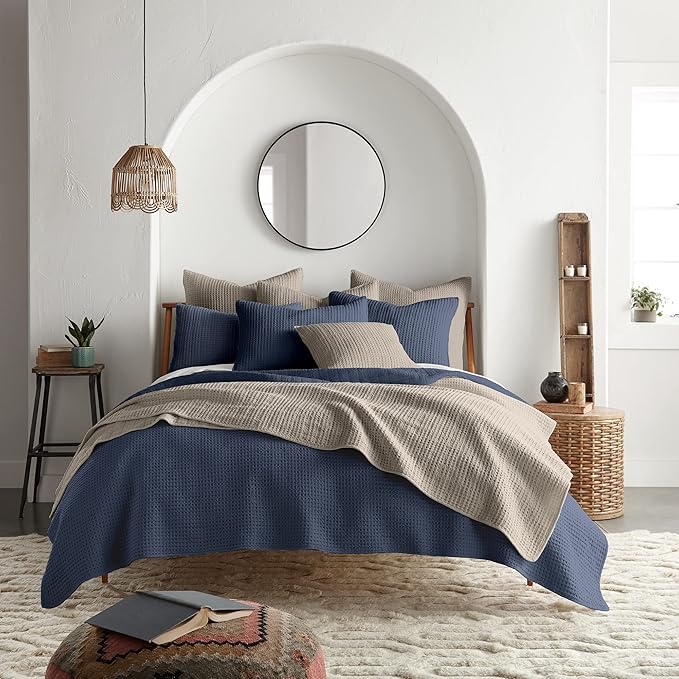 Levtex Home Mills Waffle King/Cal King Quilt Set (106x92in) with 2 Pillow Shams (36x20in) - Navy - 100% Cotton King Size Quilt Bedding Set - Lightweight, Soft, Pre-Washed