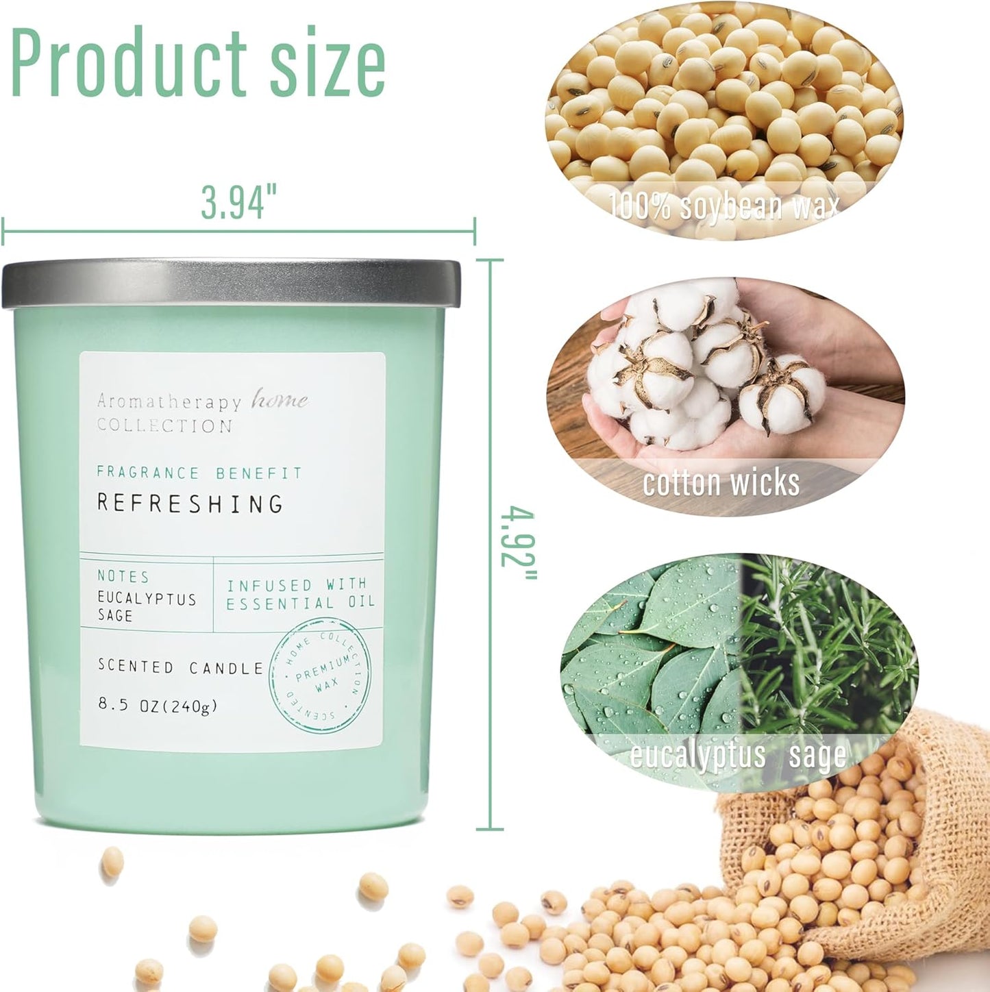 Eucalyptus Candle, Eucalyptus & Sage Scented Candles,Soy Wax Green Candles for Home Scented,Candle Gift for Women Men,8.5oz