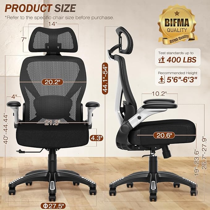 GABRYLLY Ergonomic Office Chair, Big and Tall Computer Desk Chair - 5D Folding Arms, 135° Tilt, Large & Thick Foam Seat, Adjustable Lumbar Support, 3D Functional Headrest, Heavy Duty Home Mesh Chair
