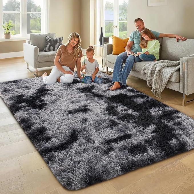 Ophanie Tie-Dyed Black & Grey Area Rugs for Living Room 5x7, Fluffy Shag Fuzzy Plush Soft Carpets, Floor Shaggy Rug for Bedroom, Carpet for Kids Boys Girls Dorm Nursery Home Decor Aesthetic