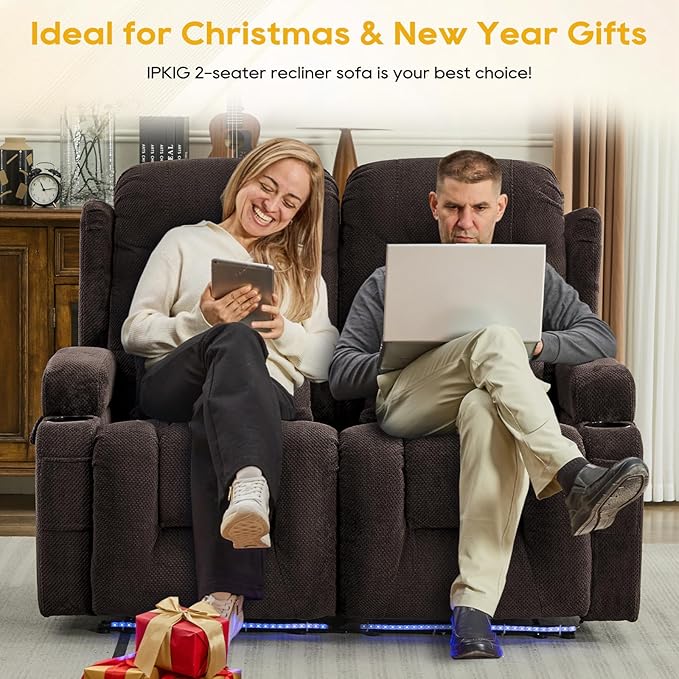 IPKIG 54" Power Reclining Loveseat Sofa, Electric Home Theater Seating with 4 Colors Ambient Lighting/USB Ports/Cup Holders for Living Room, Bedroom, Home, RVs (Coffee, 2 Seater)