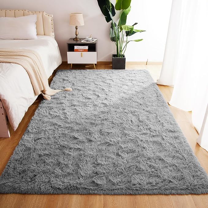 3x5 Light Grey Small Throw Rug for Entryway Non Slip, Mini Fluffy Grey Rugs for Bedroom, Plush Furry Cozy Front Entrance Indoor Floor Carpet Home Decor Aesthetic Nursery