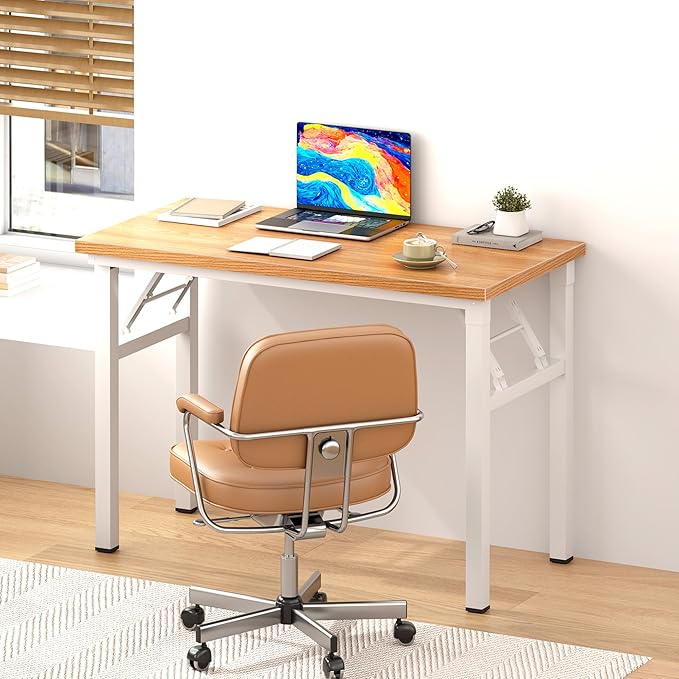 DlandHome Folding Desk - 31.5 Inch Small Computer Desk for Home Office - Folding Table Writing Table for Small Spaces - No Assembly Required - Teak & White Frame