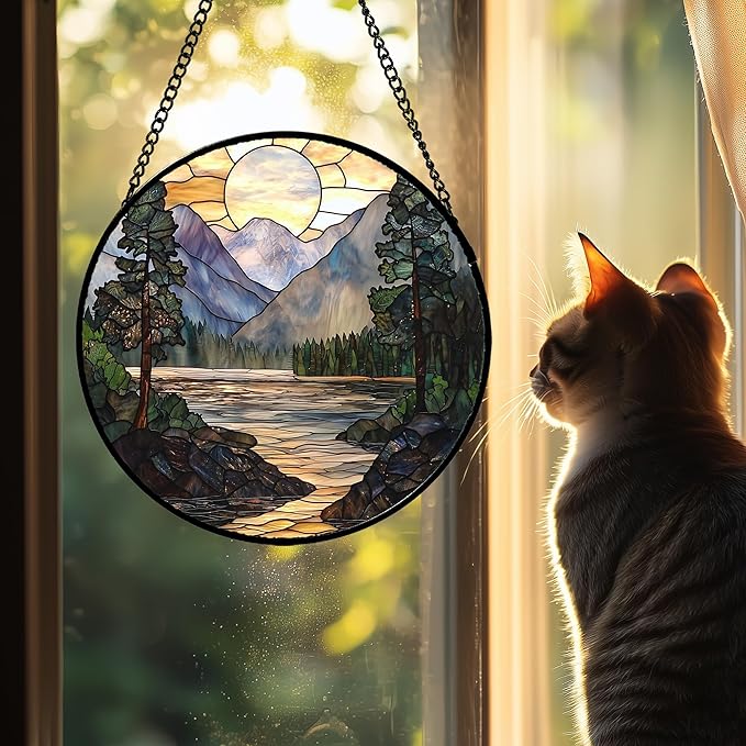 Stained Glass Window Hanging, Sunset Mountains Lake Tree Sun Catcher for Window Home Decor Landscape Suncatcher Mother's Day Birthday Gifts for Women Men Mom and Nana 15 in