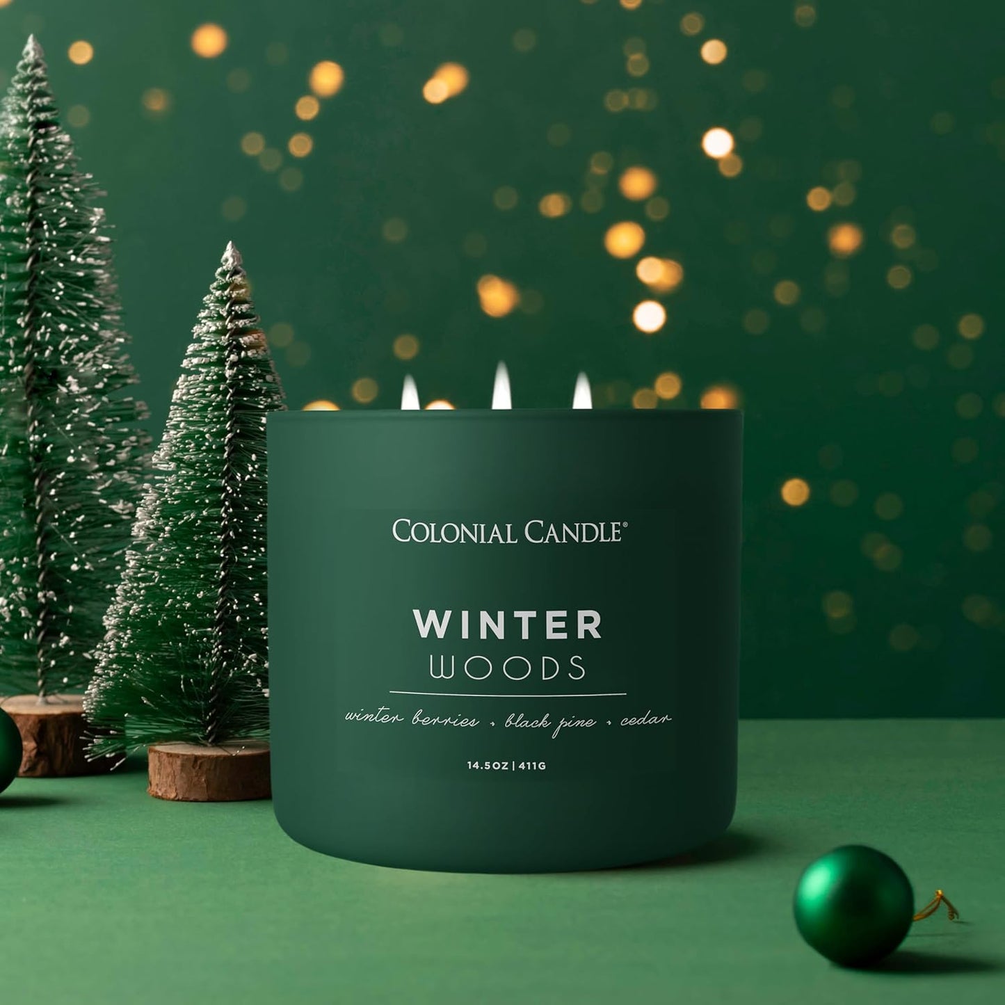 Colonial Candle Winter Woods Scented Jar Candle, Pop of Color Collection, 3 Wick, Green, 14.5 oz - Up to 60 Hours Burn