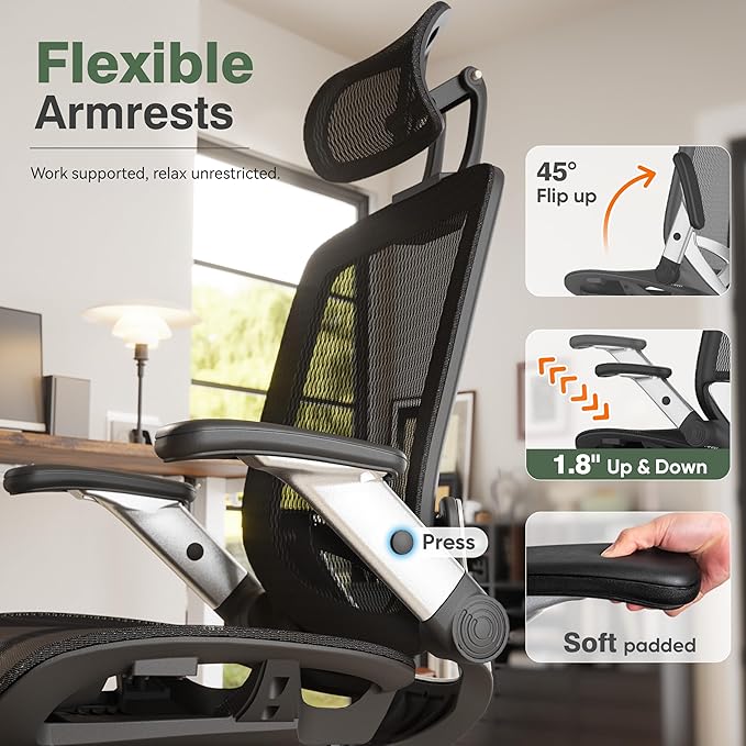 GABRYLLY Office Chair with Footrest, Ergonomic Desk Chair - 135° Recline Wide, 45° Flip-Up Arms,3D Headrest & Mesh Seat, High Back Home Gaming Chair for Adult Man Woman, 300LBS