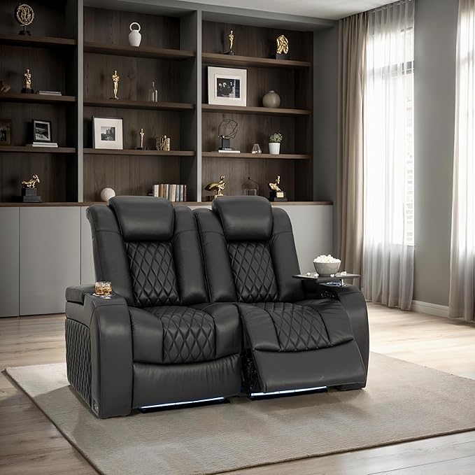 Seatcraft Diamante Zero-Gravity CoolZero Italian Leather Home Theater Seating, Power Headrest, Power Recline, Row of 2 Loveseat, Black