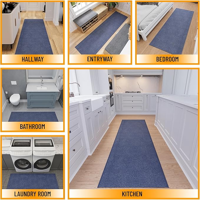 Ottomanson 2'7" x 44' Ultra-Thin Hallway Runner Rug - Durable Non-Slip Carpet for High-Traffic Areas - Fits Under Doors for Seamless Entry - Ideal for Kitchen, Entryway, Bedroom & Living Room, Navy