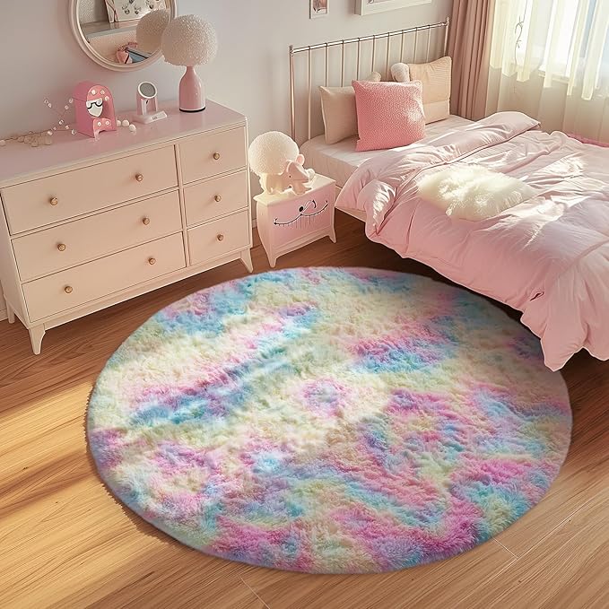 Ophanie Round Rug 5Ft Rainbow Circle Area Rug, Cute Room Decor for Teen Girls, Fluffy Fuzzy Bedroom Carpet, Plush Soft Shaggy Living Room Rugs for Kids Home Decor Aesthetic, Nursery