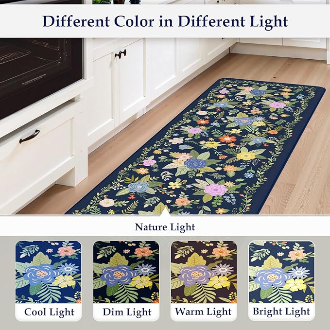 KIMODE Anti Fatigue Kitchen Mats for Floor, Farmhouse Rugs for Kitchen Floor, Cushioned Kitchen Floor Mat Non Slip, Comfort Standing Mat for Laundry Office Sink Desk Blue 17"x47"+17"x29"