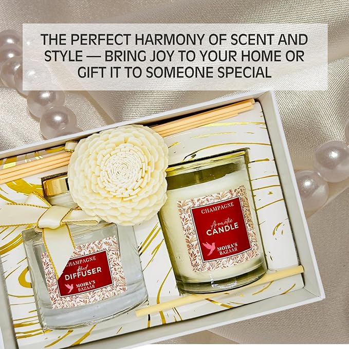 Moira's Bazaar Elysian Essence Aromatherapy Gift Set – Luxury Candle and Flower Reed Diffuser – Perfect Scented Gift for Thanksgiving for Women, Home & Bath Decor (Champagne)