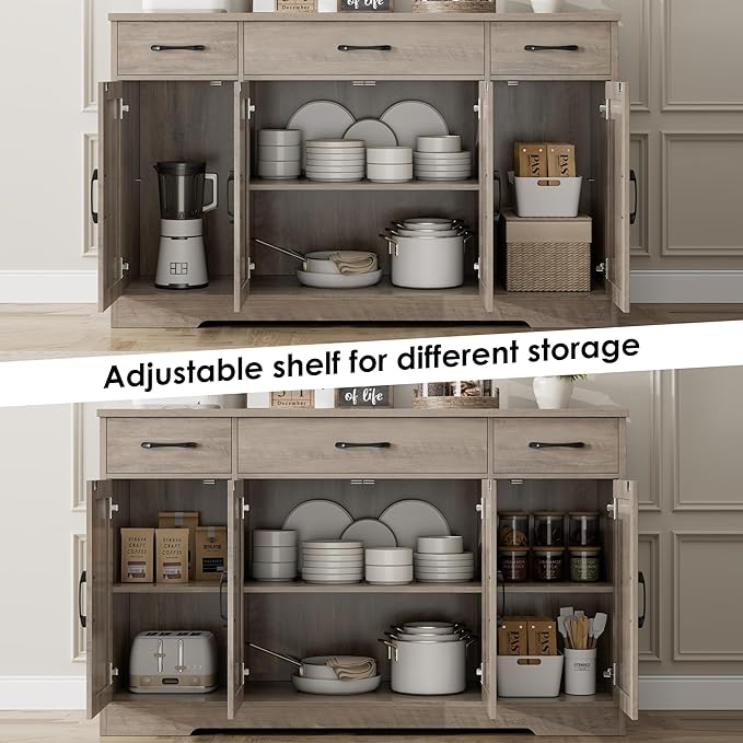 HOSTACK Buffet Sideboard Cabinet with Drawers, 55" Large Buffet Storage Cabinet with Shelves and Doors, Modern Farmhouse Coffee Bar Station for Kitchen, Dining Room, Ash Grey